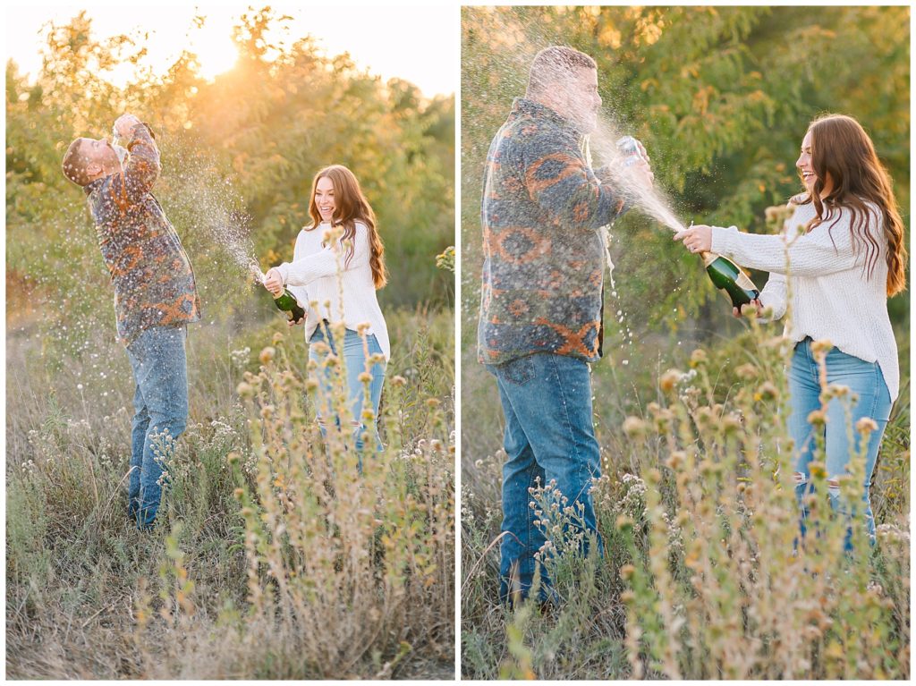 Romantic Engagement Photos at Great Plains Nature Center-Champagne Spray